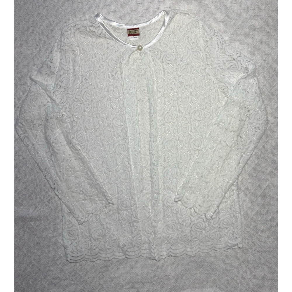VTG 90s Tudor Court White Coquette Scalloped Lace Top Button Cardigan SZ L - Picture 2 of 8